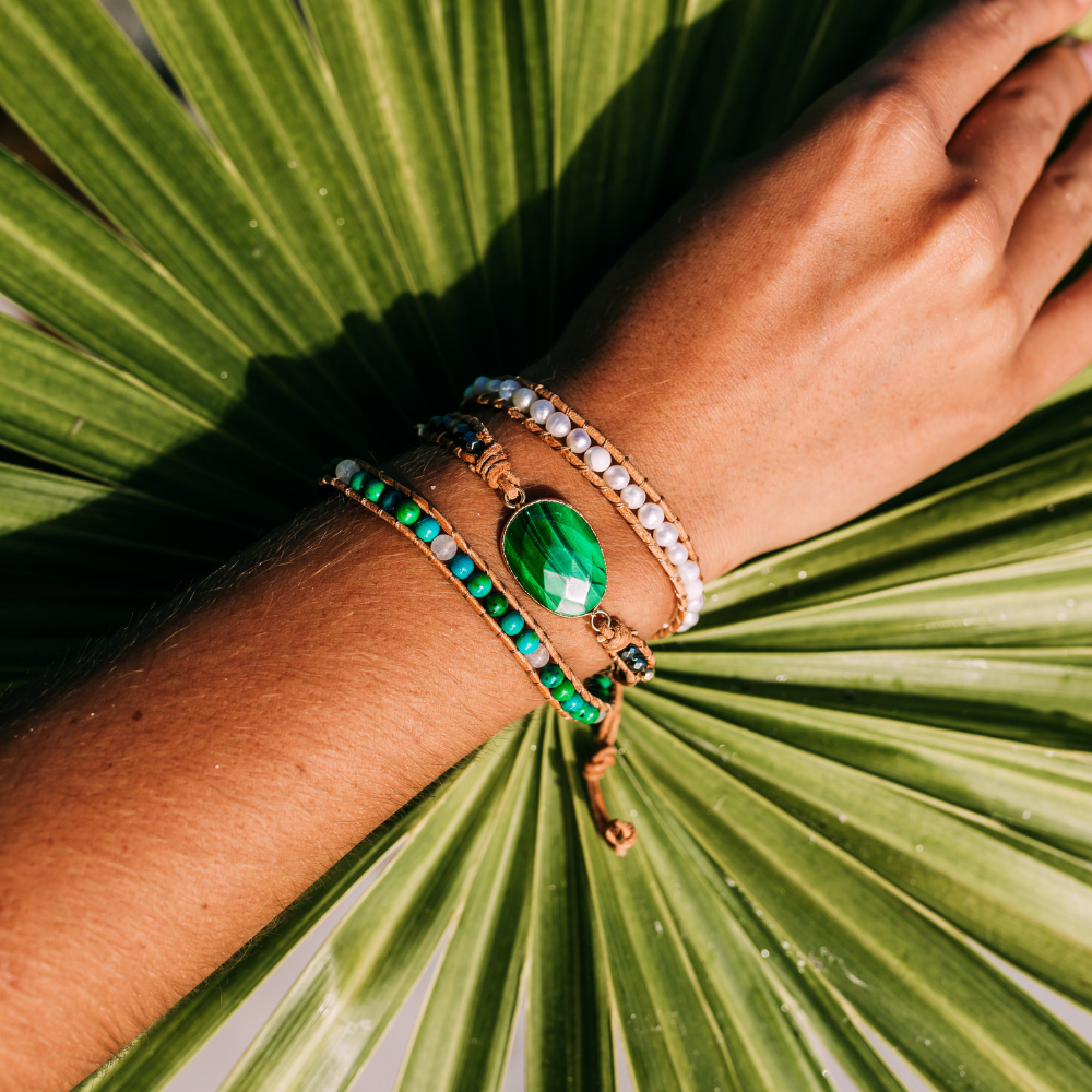 Malachite & Pearl Bracelet | Genuine Leather 1