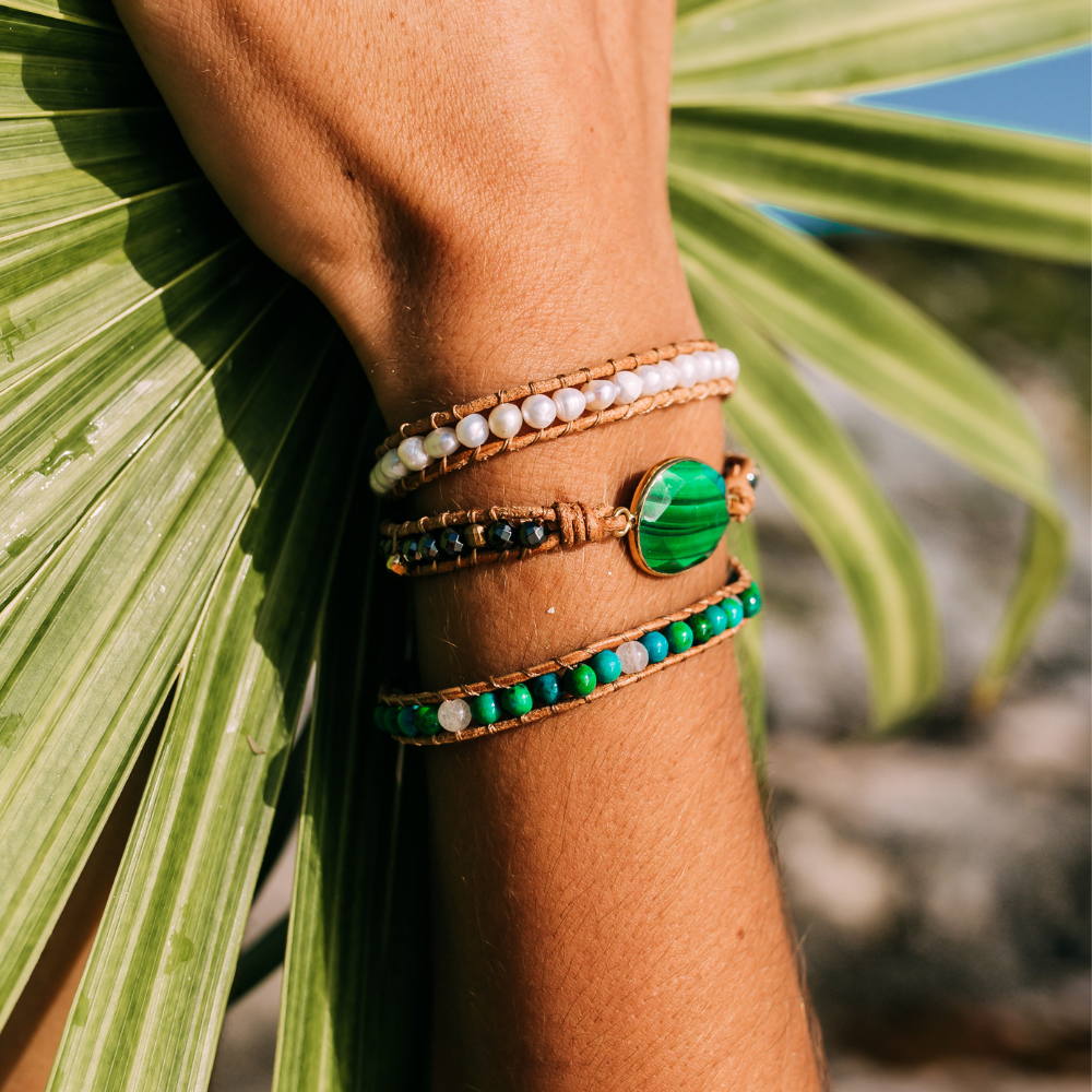 Malachite & Pearl Bracelet | Genuine Leather 3