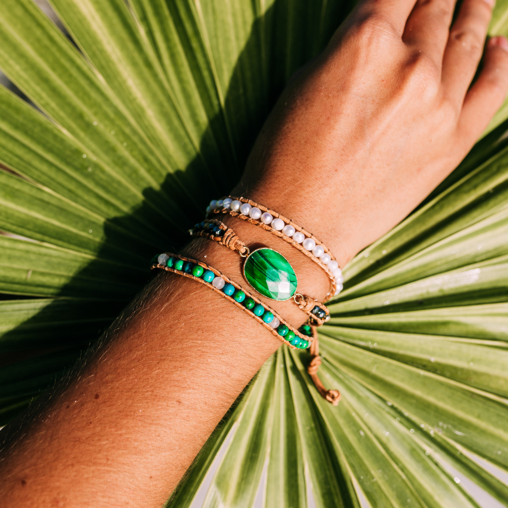 Malachite & Pearl Bracelet | Genuine Leather 5
