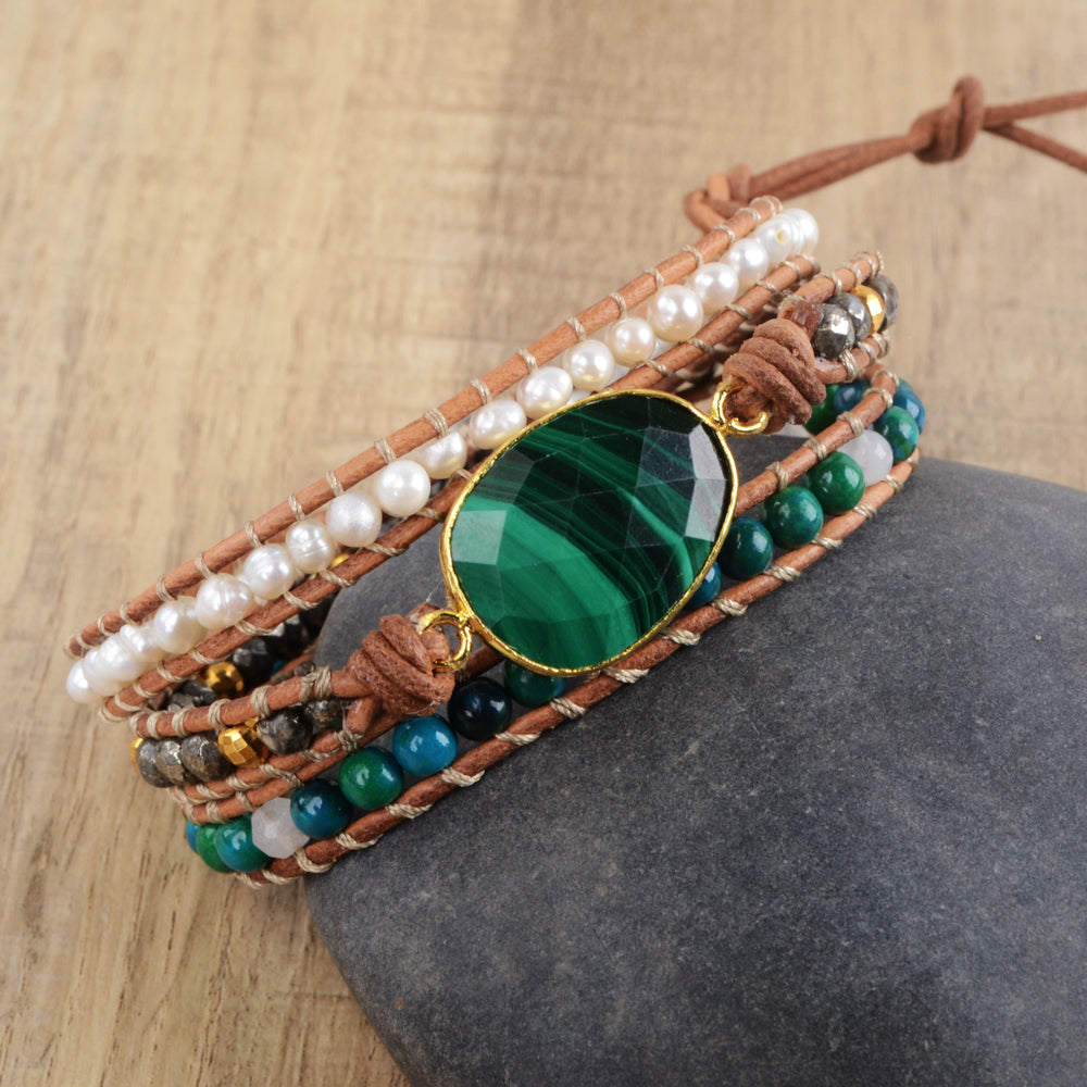 Malachite &amp; Pearl Bracelet | Genuine Leather 6