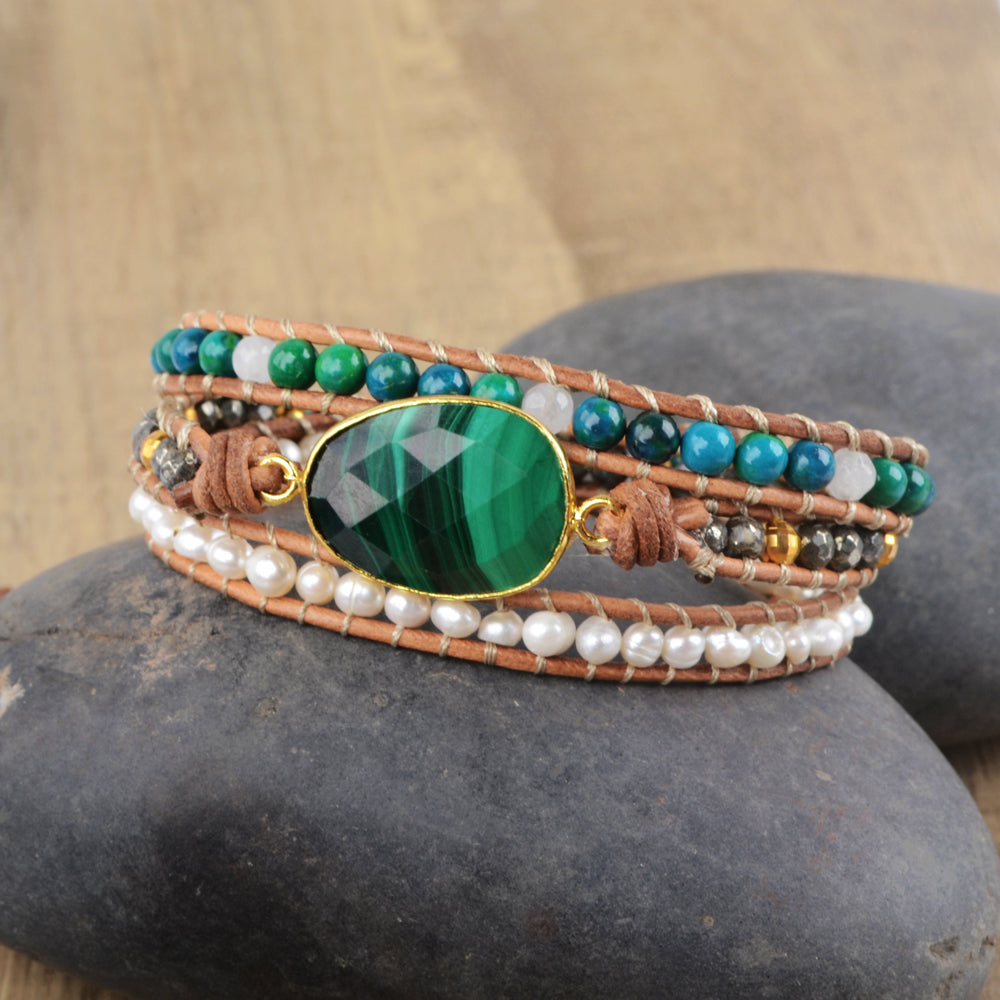 Malachite &amp; Pearl Bracelet | Genuine Leather 7