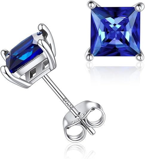 Minimalist Princess Cut Sapphire Stud Earrings | White Gold 0