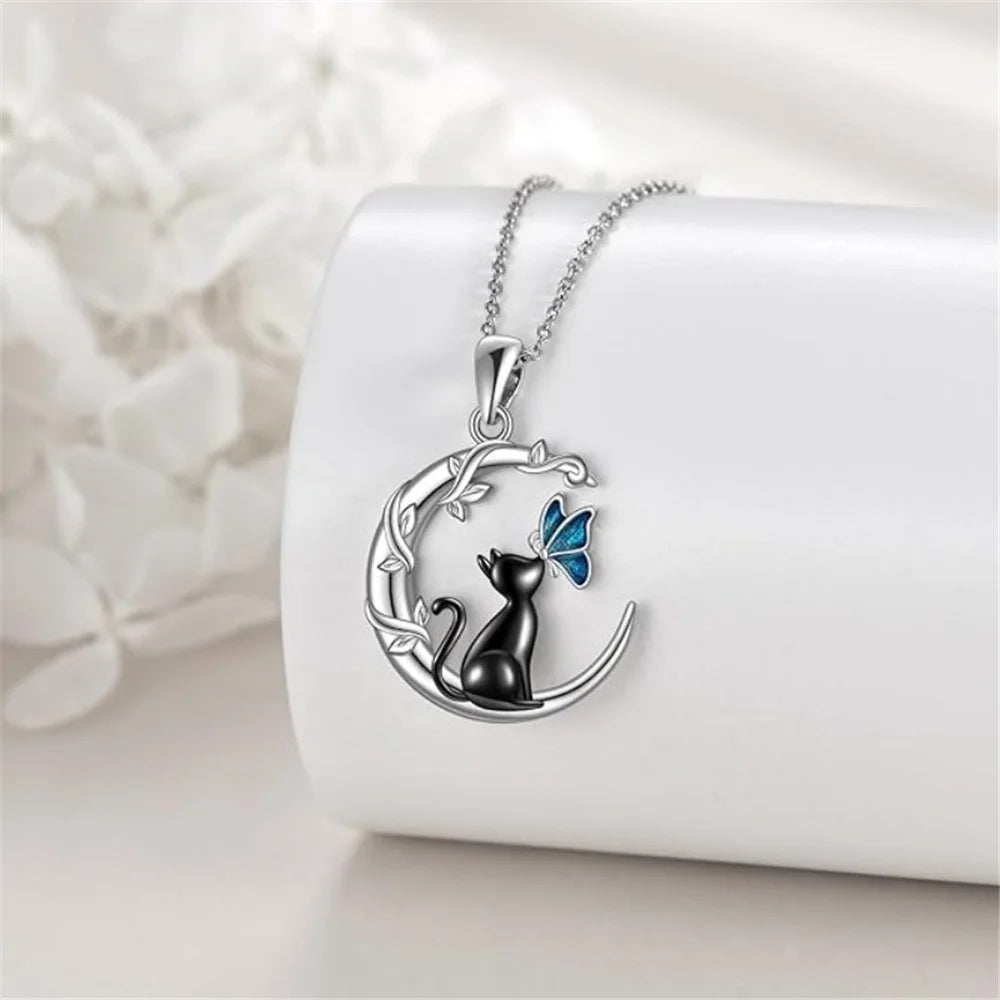 Moon Cat Butterfly Crystal Pendant Necklace | Silver-tone Alloy 0