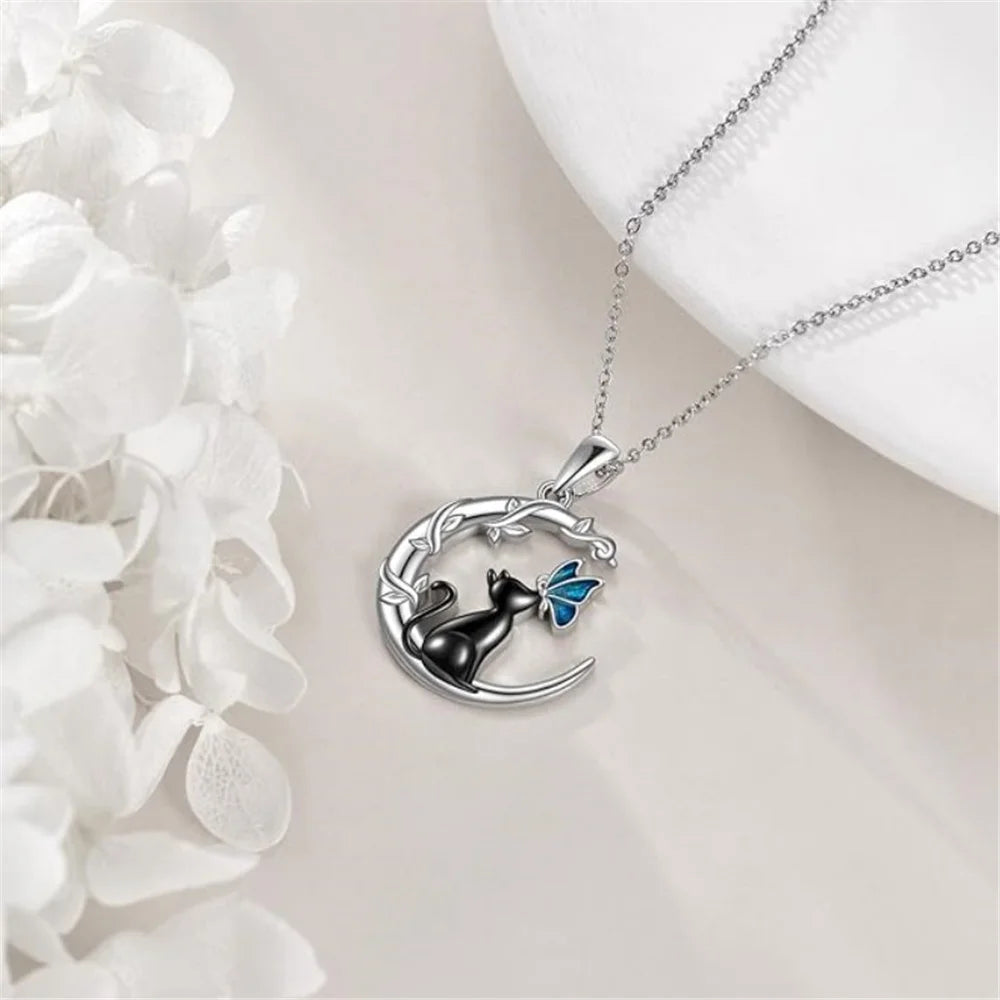 Moon Cat Butterfly Crystal Pendant Necklace | Silver-tone Alloy 1