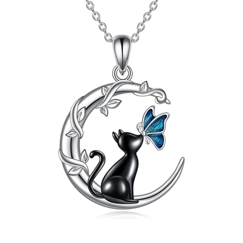 Moon Cat Butterfly Crystal Pendant Necklace | Silver-tone Alloy 2