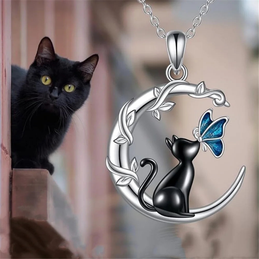 Moon Cat Butterfly Crystal Pendant Necklace | Silver-tone Alloy 3