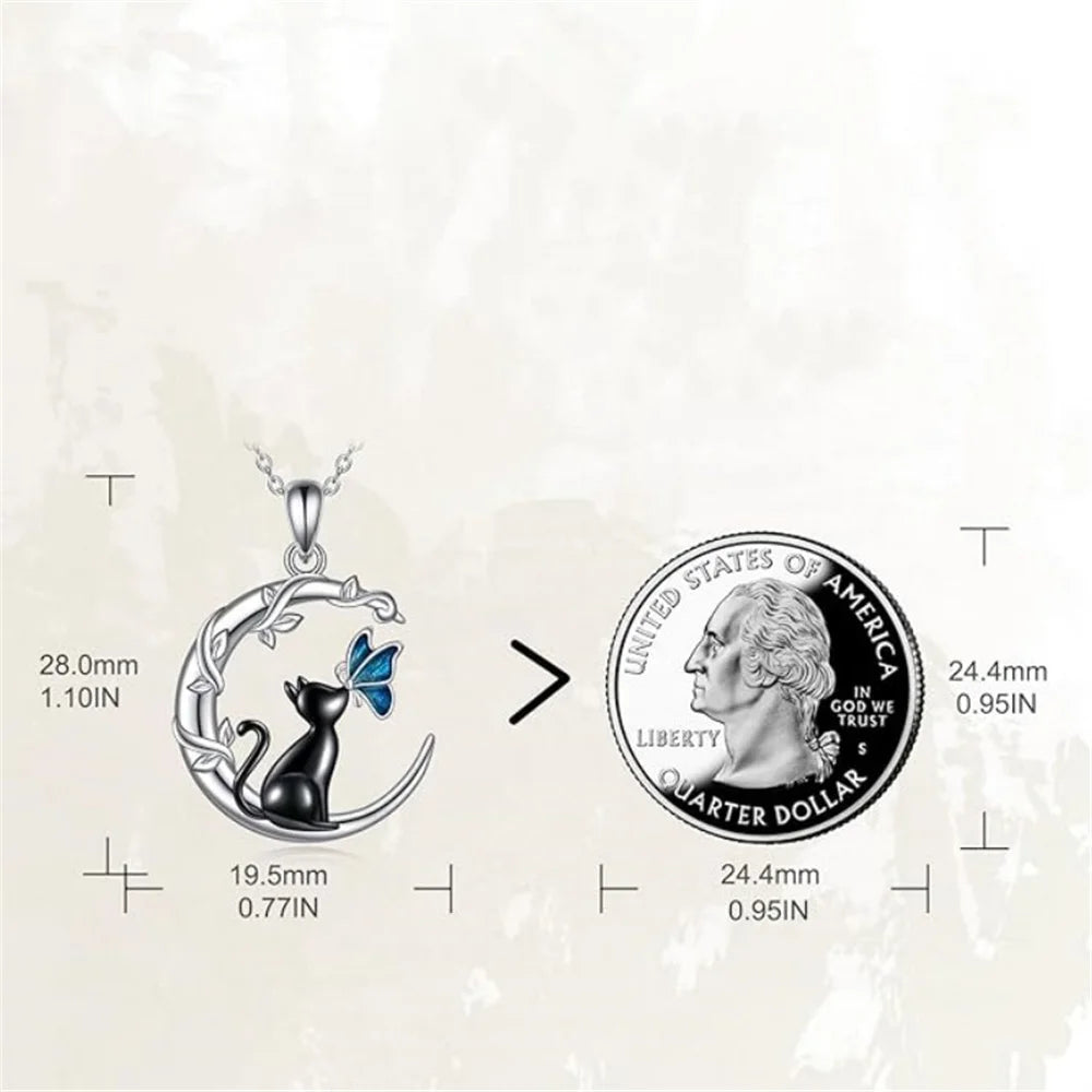 Moon Cat Butterfly Crystal Pendant Necklace | Silver-tone Alloy 4