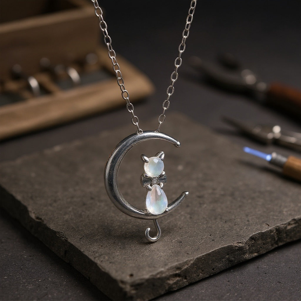 Moonstone Crescent Cat Necklace | Silver 0