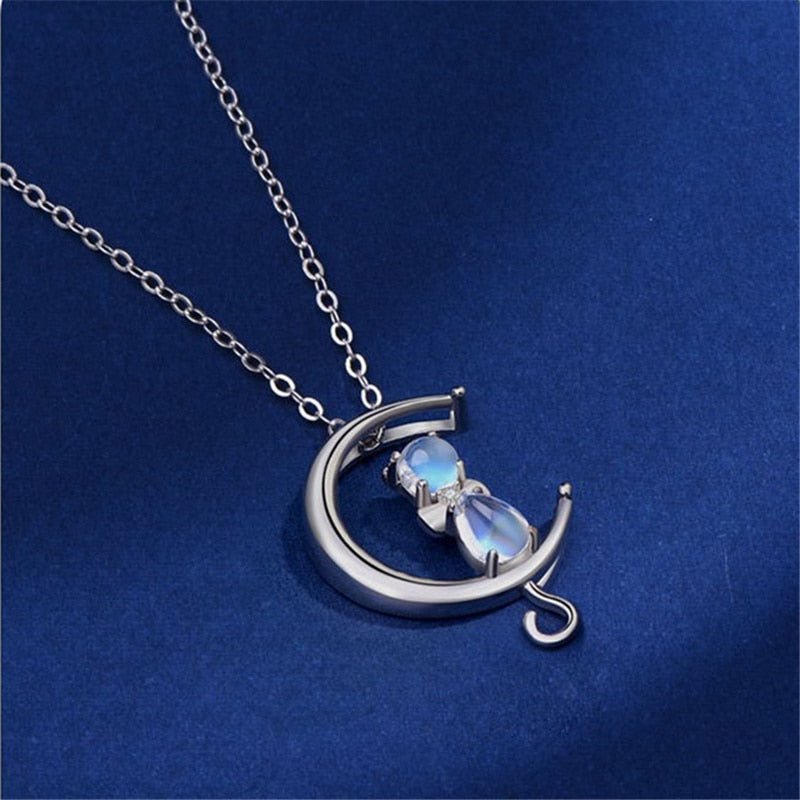 Moonstone Crescent Cat Necklace | Silver 3