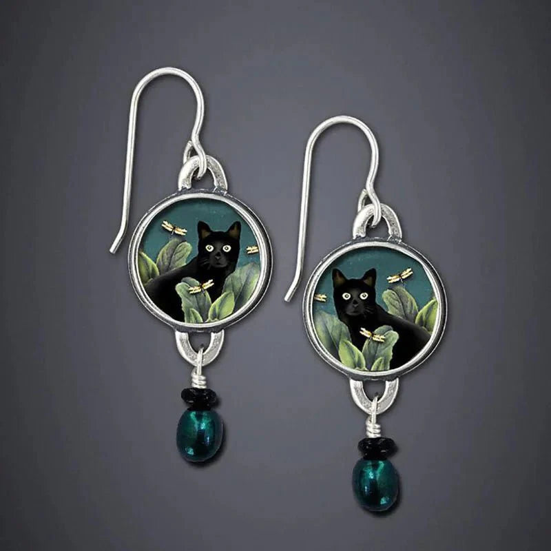 Mystical Cat | Vintage Earrings | Tropical Dangle Jewelry 0