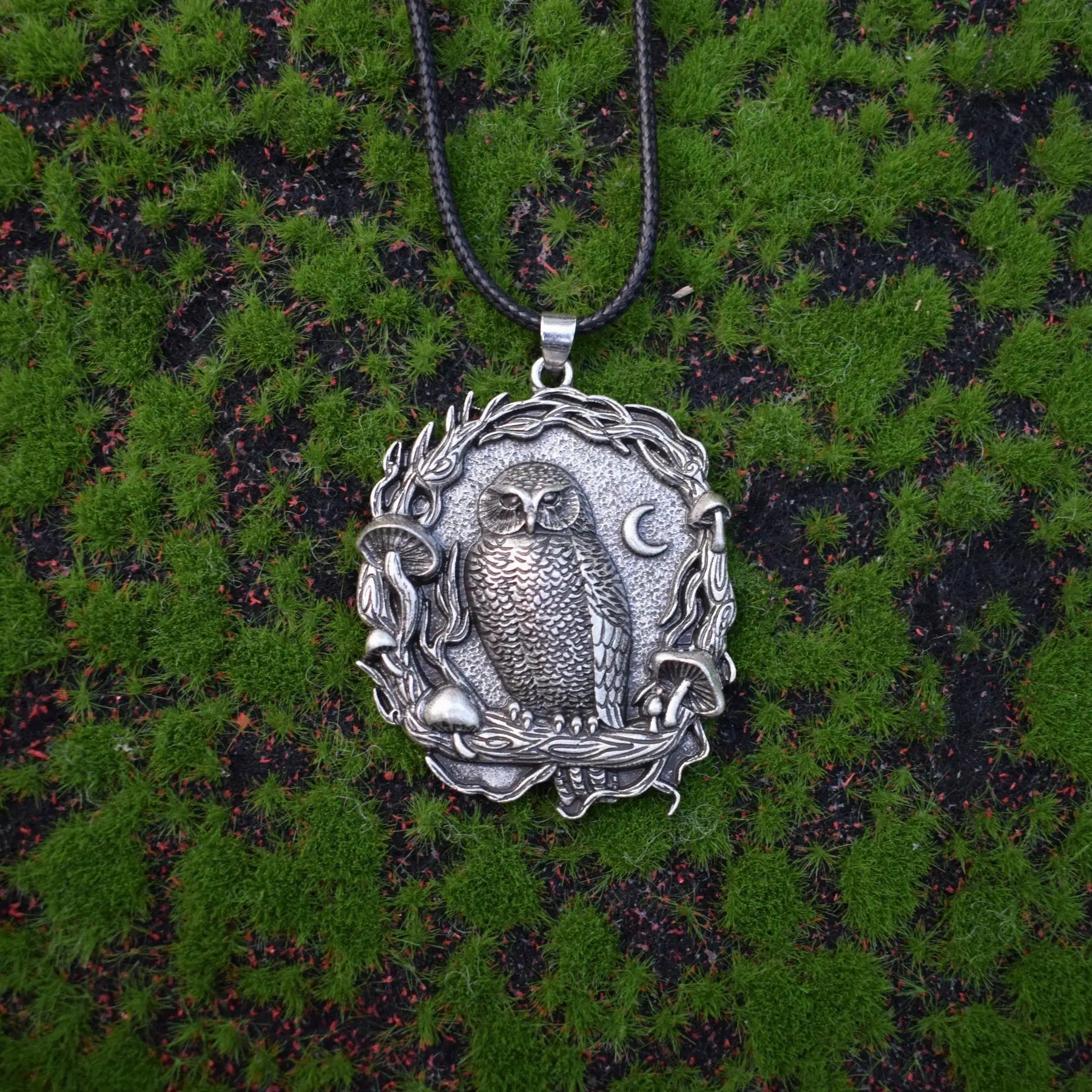 Mystical Owl Moon Mushroom Pendant Necklace | Premium Alloy 3