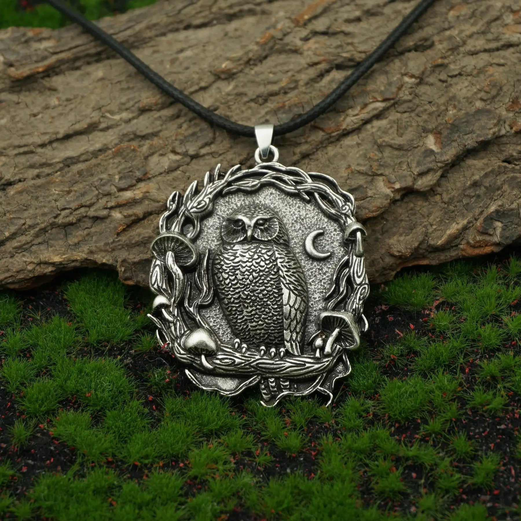 Mystical Owl Moon Mushroom Pendant Necklace | Premium Alloy 4
