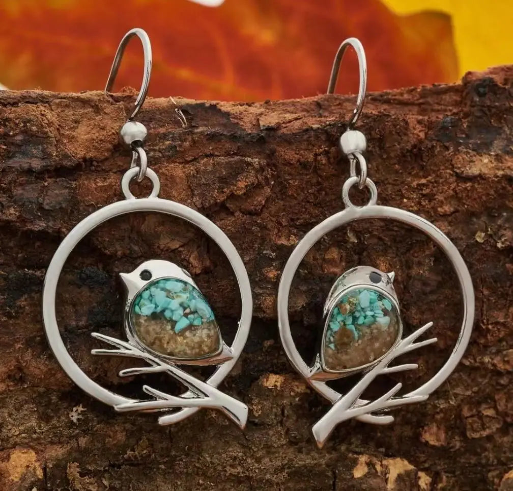 Nature's Embrace Earrings | Vintage Bird Jewelry | Turquoise Inlay Design 0