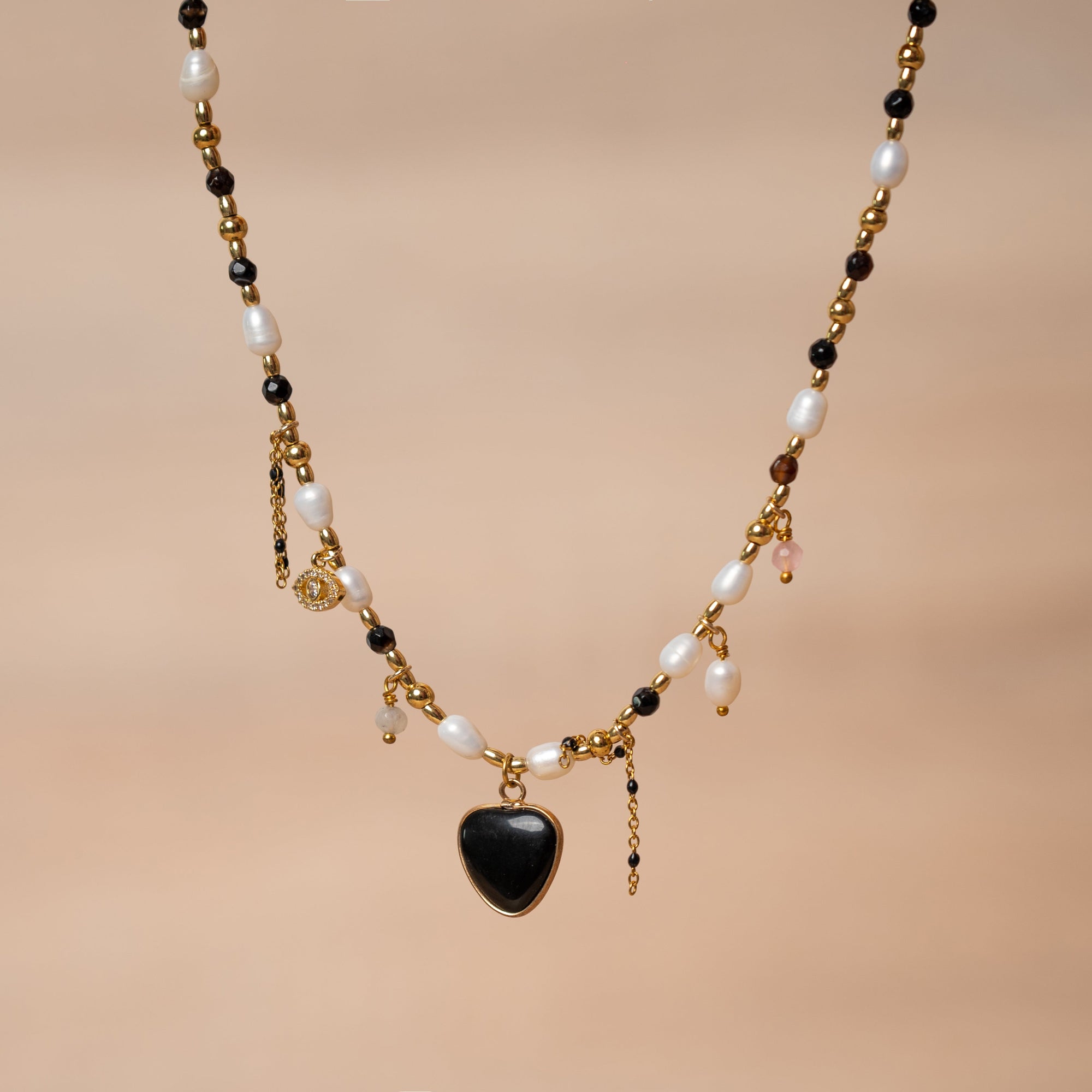 Onyx and Pearl Pendant Necklace | Stainless Steel 0