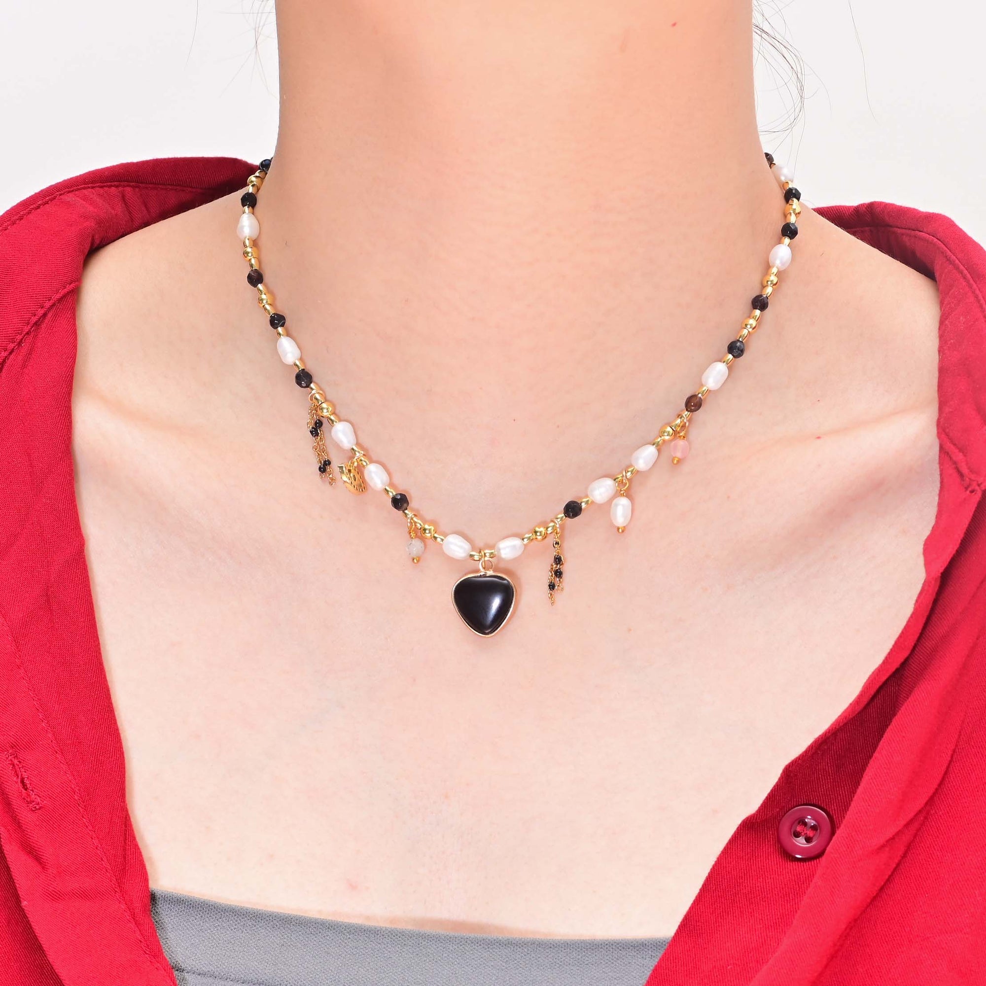 Onyx and Pearl Pendant Necklace | Stainless Steel 3