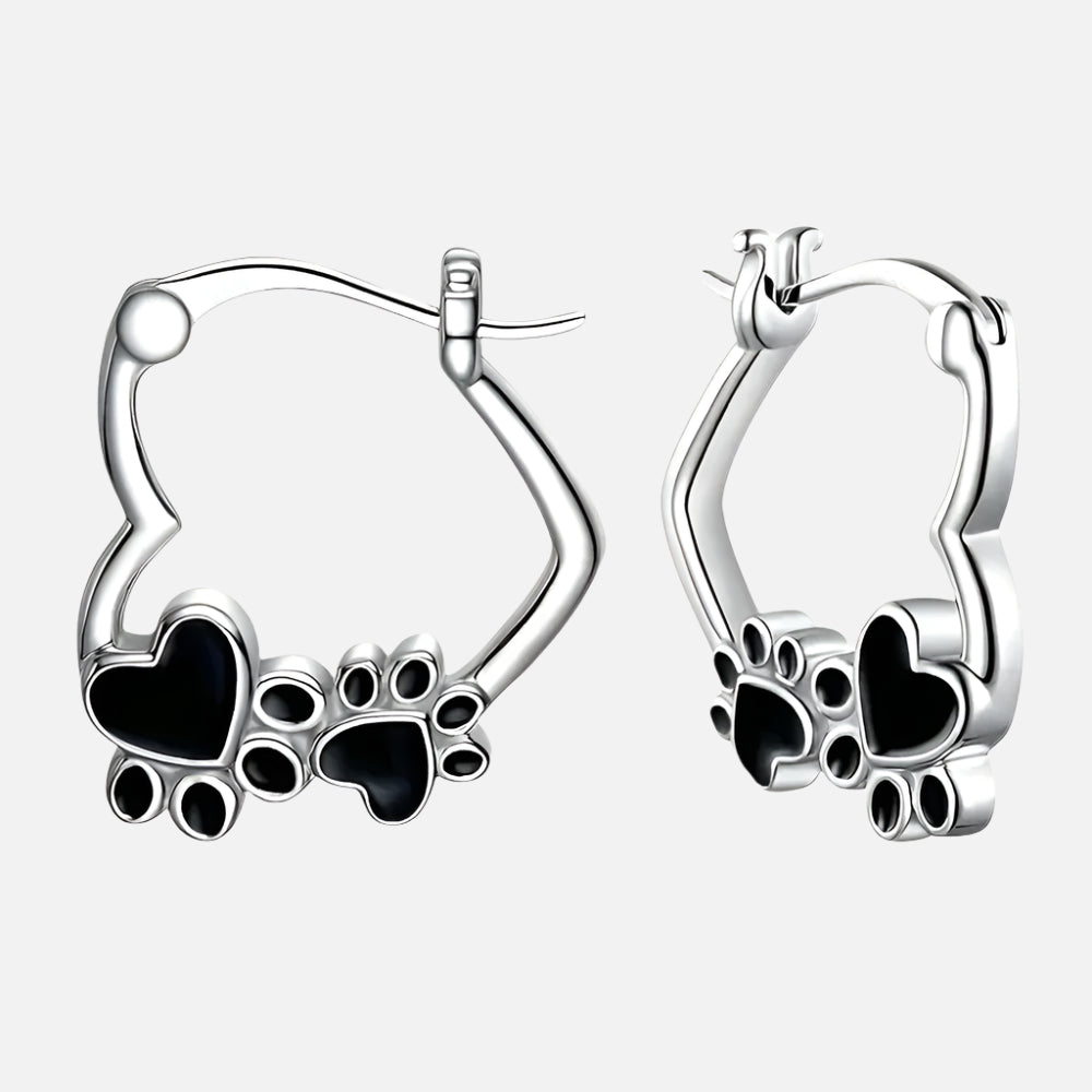 Paw Heart Huggie Earrings | Silver-tone Hoop Earrings | Black Enamel Accents | Pet Lover Jewelry 0