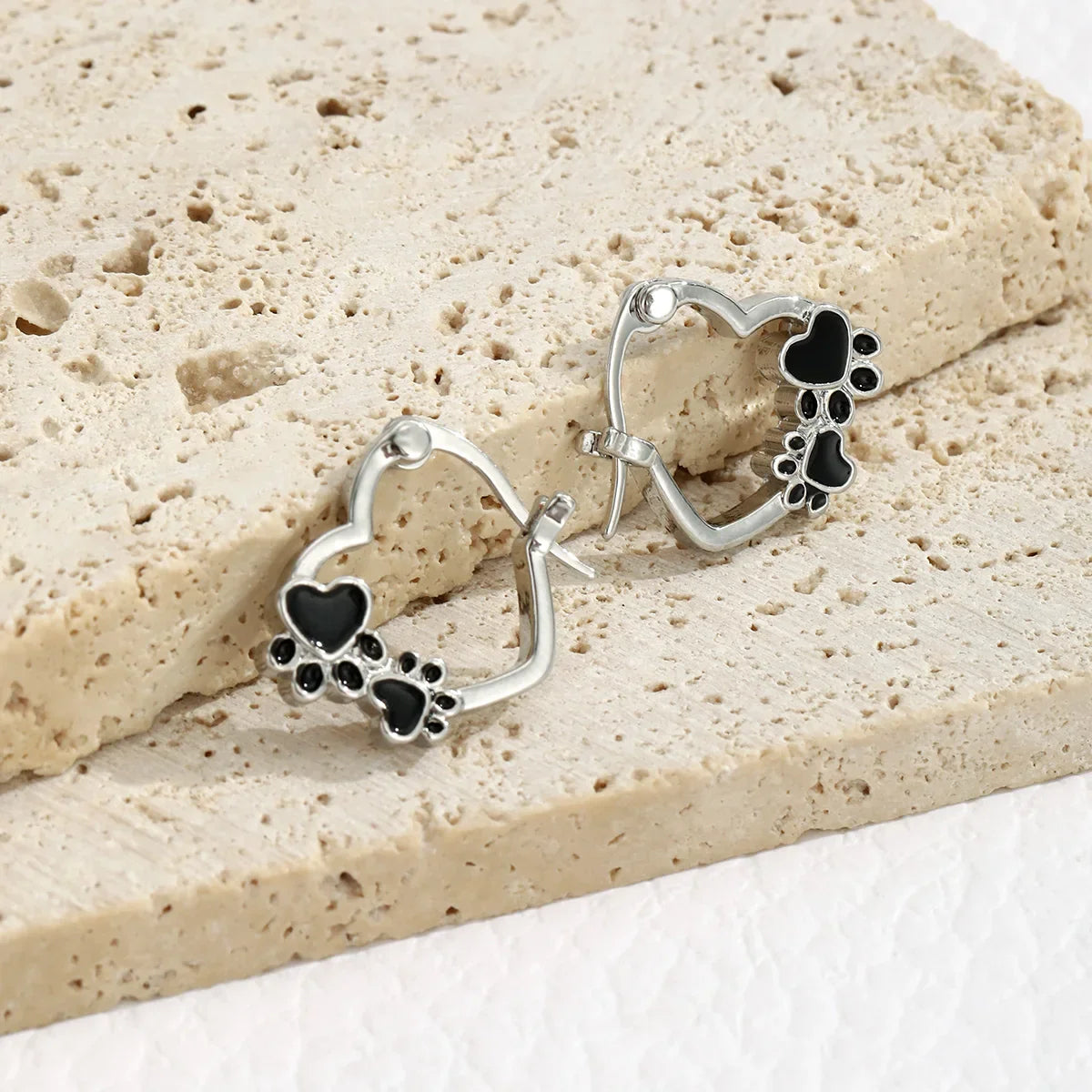 Paw Heart Huggie Earrings | Silver-tone Hoop Earrings | Black Enamel Accents | Pet Lover Jewelry 3