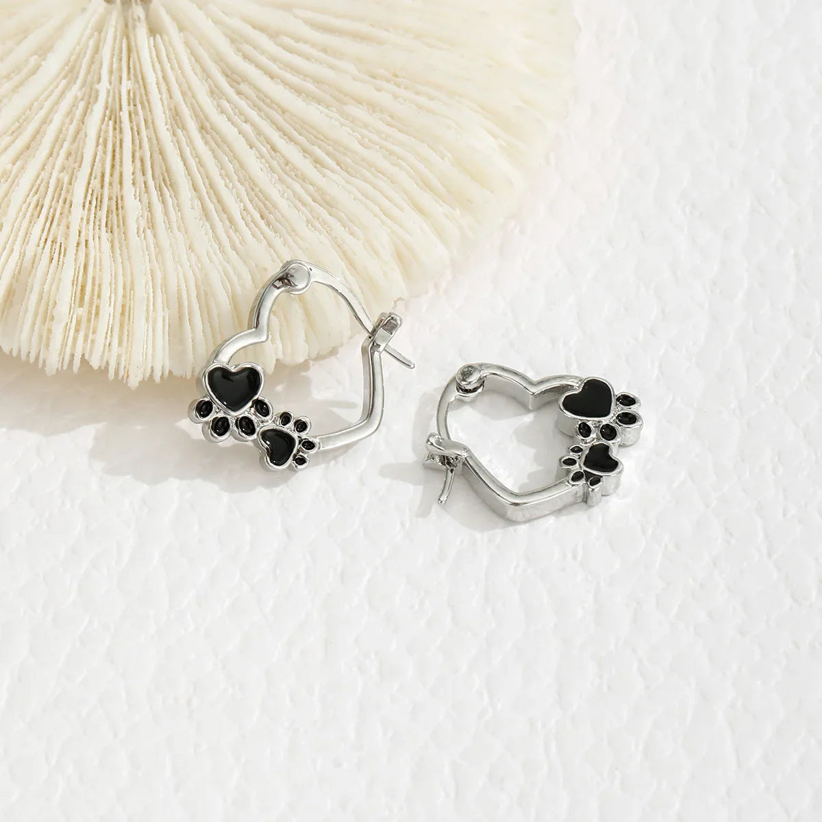 Paw Heart Huggie Earrings | Silver-tone Hoop Earrings | Black Enamel Accents | Pet Lover Jewelry 4