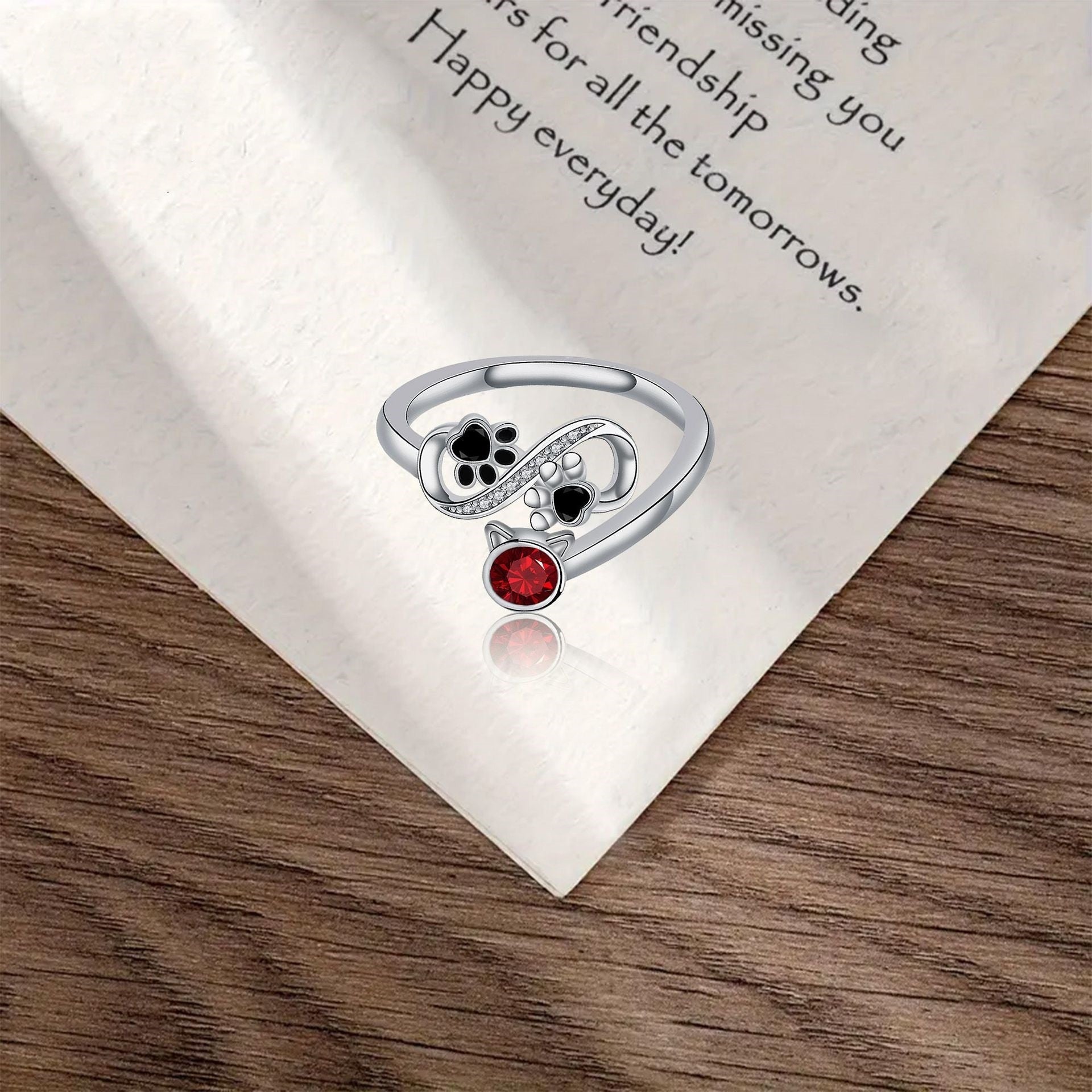 Paw Love | Adjustable Ring | Red Gemstone | Sterling Silver 1