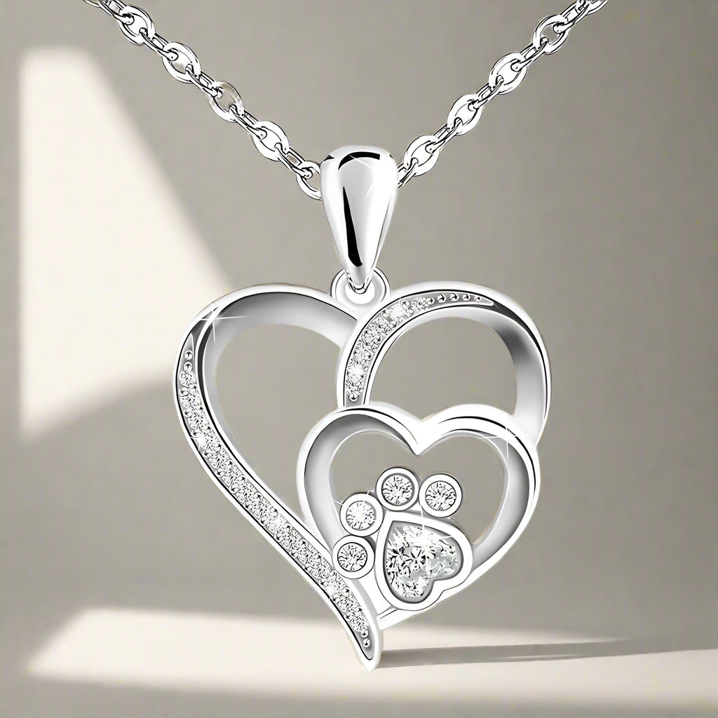 Paw Print Heart | Sterling Silver Necklace | Pet Lover Jewelry | Cubic Zirconia Charm 0
