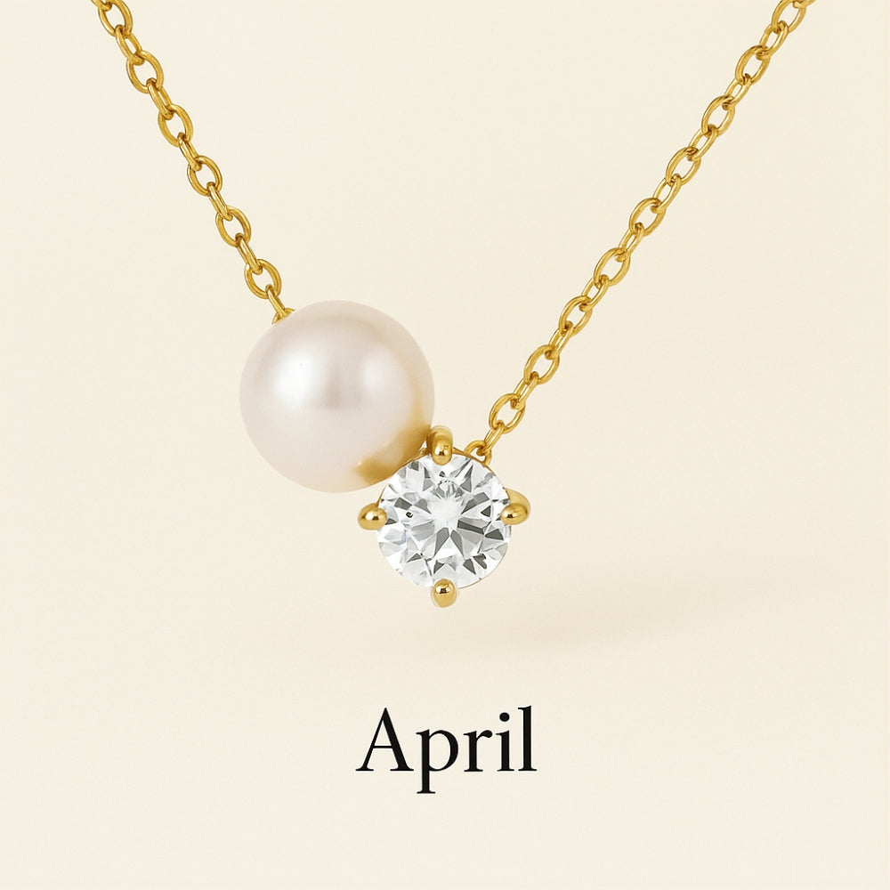 Pearl and Zircon Birthstone Pendant Necklace | Stainless Steel 12