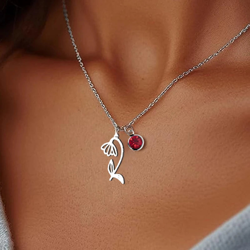 Personalized Birthstone Birth Flower Necklace | Stainless Steel 0