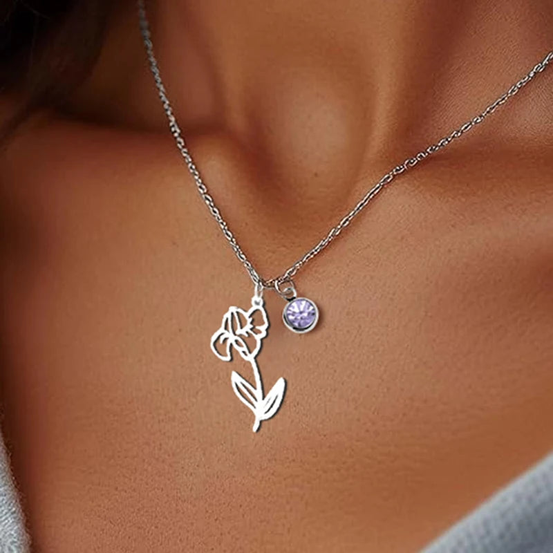 Personalized Birthstone Birth Flower Necklace | Stainless Steel 1