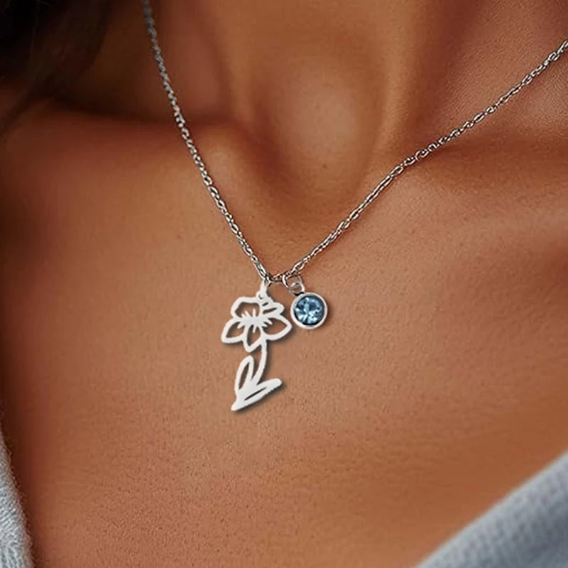 Personalized Birthstone Birth Flower Necklace | Stainless Steel 2