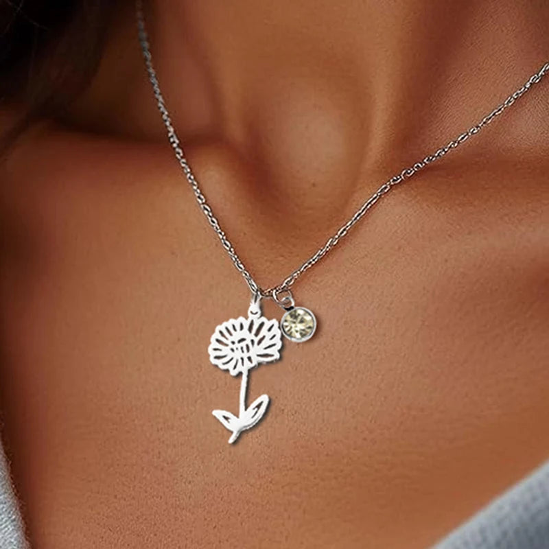 Personalized Birthstone Birth Flower Necklace | Stainless Steel 4