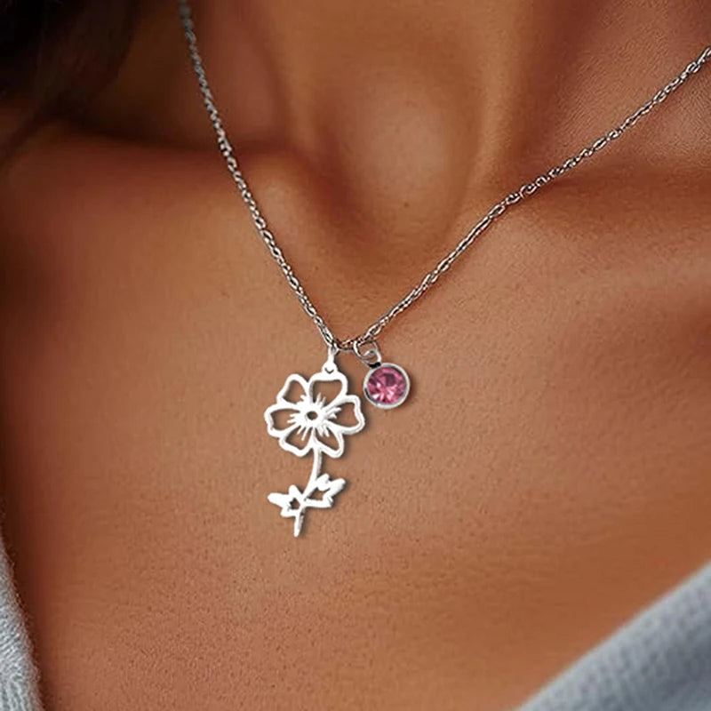 Personalized Birthstone Birth Flower Necklace | Stainless Steel 5