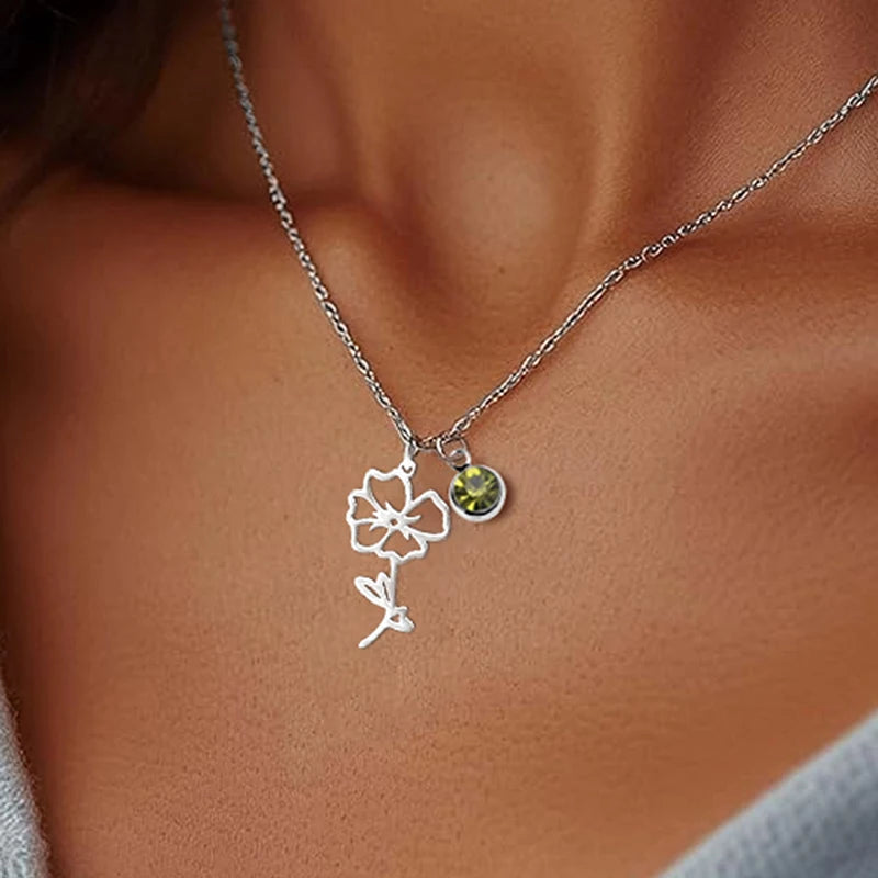 Personalized Birthstone Birth Flower Necklace | Stainless Steel 7