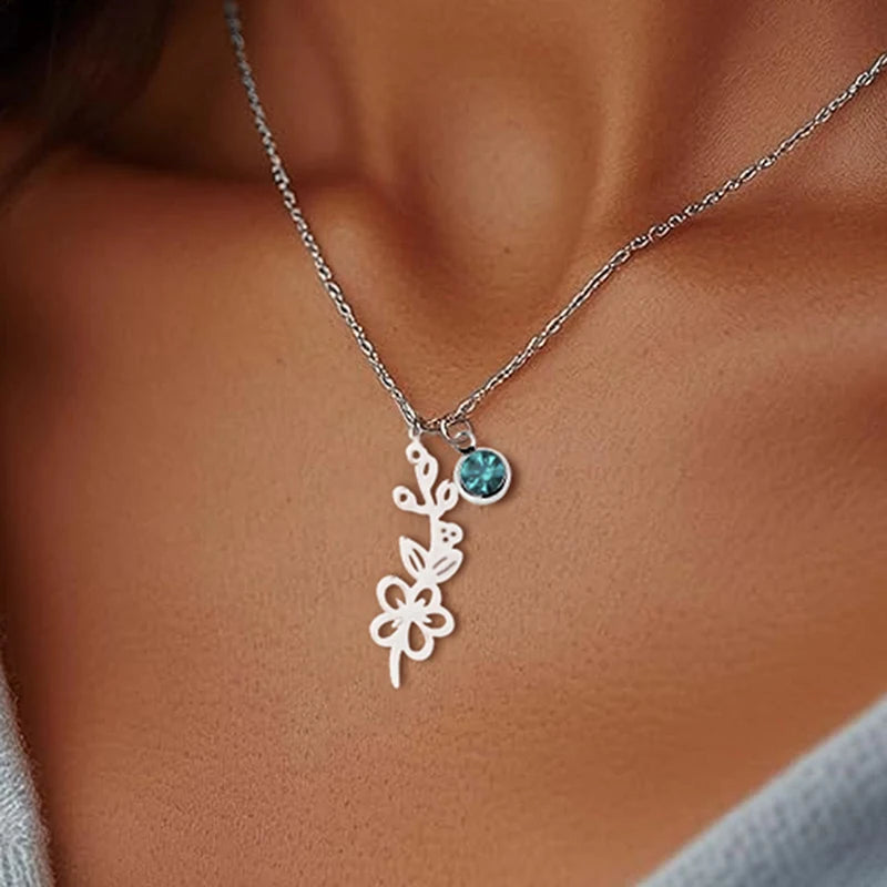 Personalized Birthstone Birth Flower Necklace | Stainless Steel 9