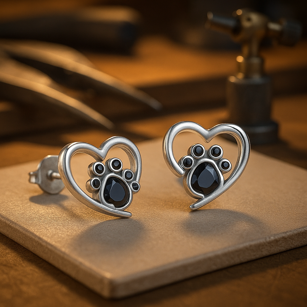 Pet Lover's Heart Paw Stud Earrings | Sterling Silver | Black Crystal | Meaningful Jewelry 0