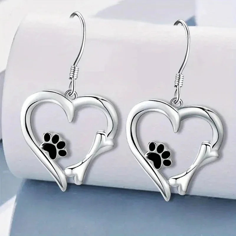 Pet Lover's Heart | Silver Drop Earrings | Paw Print Jewelry | Heart Design Accessories 1