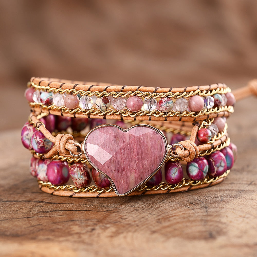 Rhodochrosite Heart Luxury Wrap Bracelet | Copper 1
