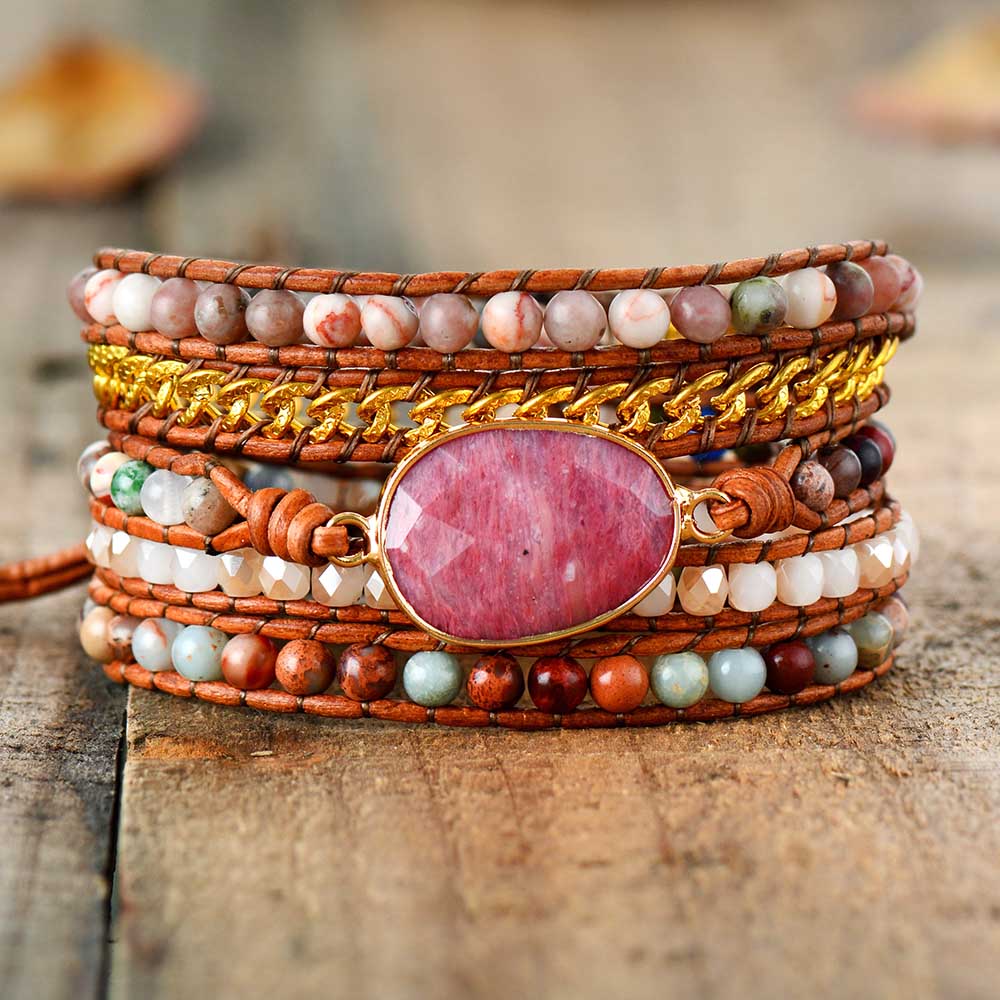 Rhodonite Protection Bracelet | Genuine Leather 0