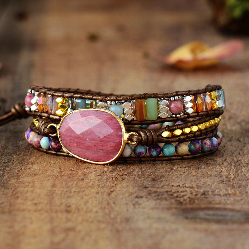 Rhodonite & Jasper Wrap Bracelet | Genuine Leather 3