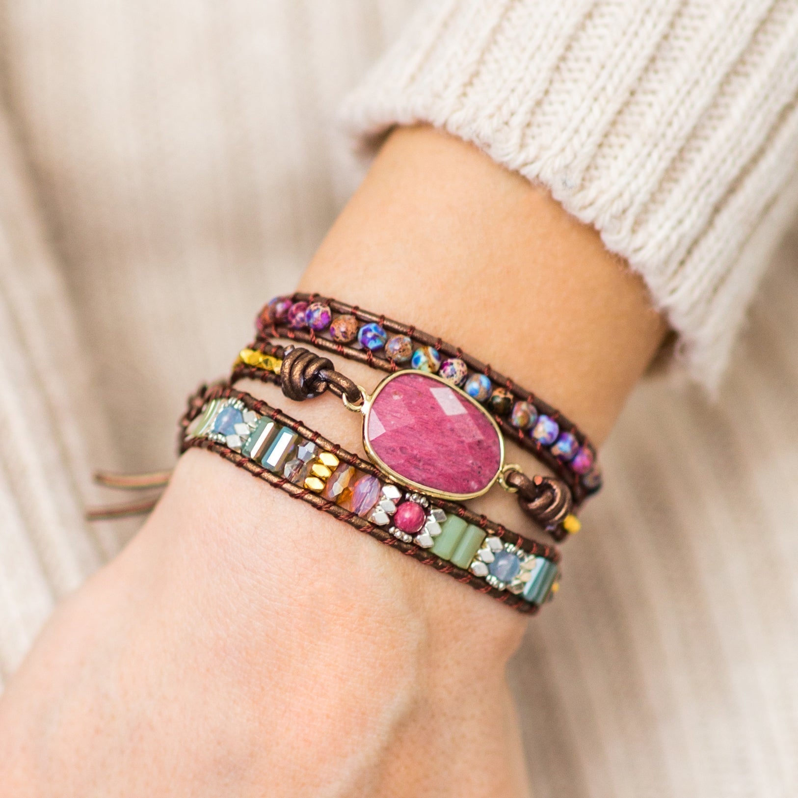 Rhodonite & Jasper Wrap Bracelet | Genuine Leather 4