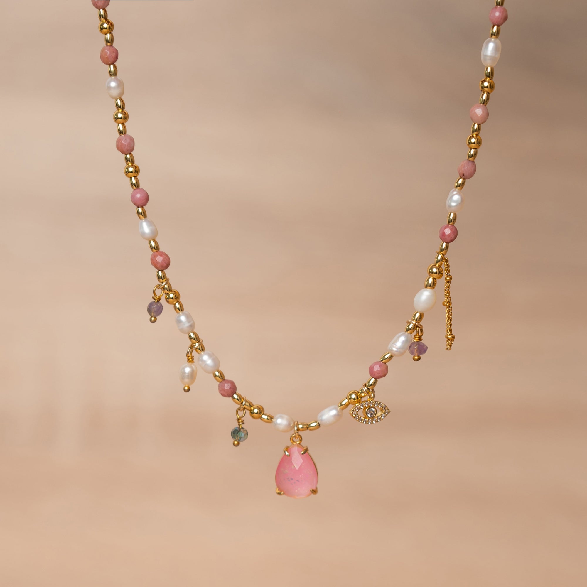 Rhodonite and Pearl Necklace | Stainless Steel 0