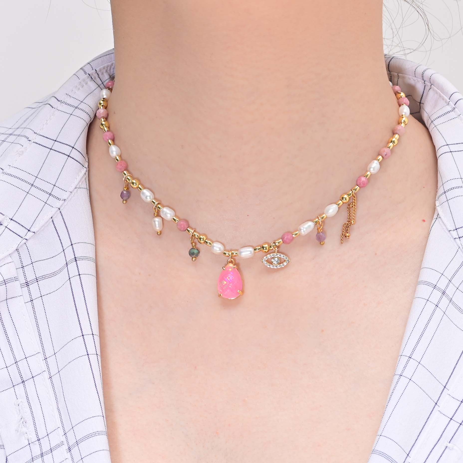 Rhodonite and Pearl Necklace | Stainless Steel 1