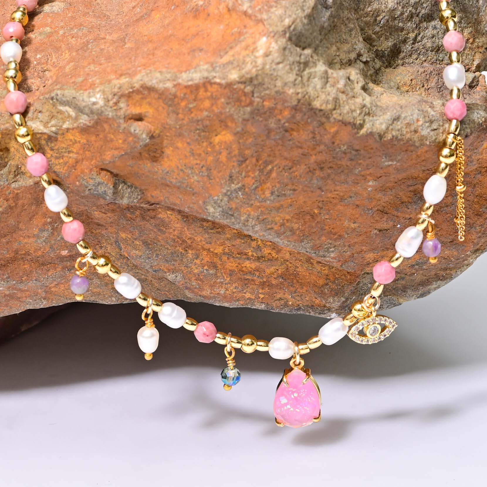 Rhodonite and Pearl Necklace | Stainless Steel 3