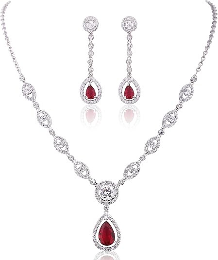 Ruby Halo Necklace and Earrings Set | White Gold 0