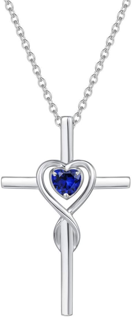 Sapphire Heart Stone Cross Necklace | White Gold 0