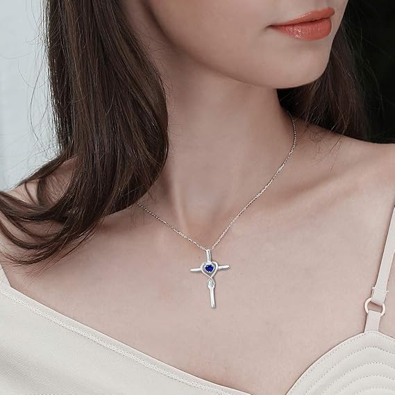 Sapphire Heart Stone Cross Necklace | White Gold 2