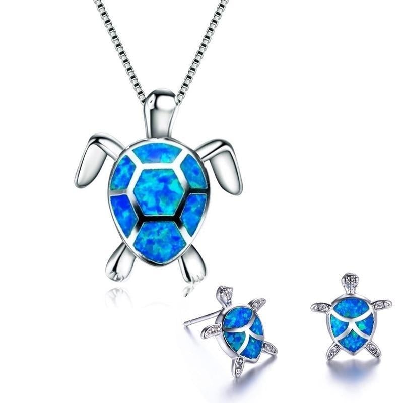 Sea Turtle Necklace and Earrings Set | Opal and Silver 2