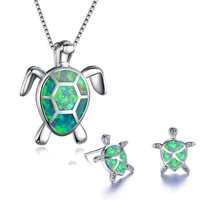 Sea Turtle Necklace and Earrings Set | Opal and Silver 3