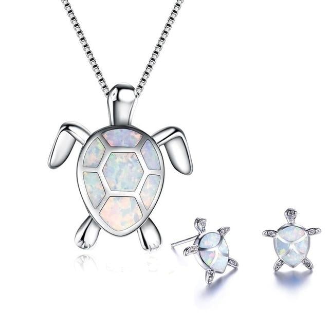 Sea Turtle Necklace and Earrings Set | Opal and Silver 6