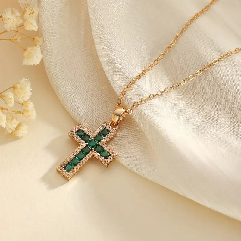 Solene Emerald Cross Pendant Necklace | Gold 0