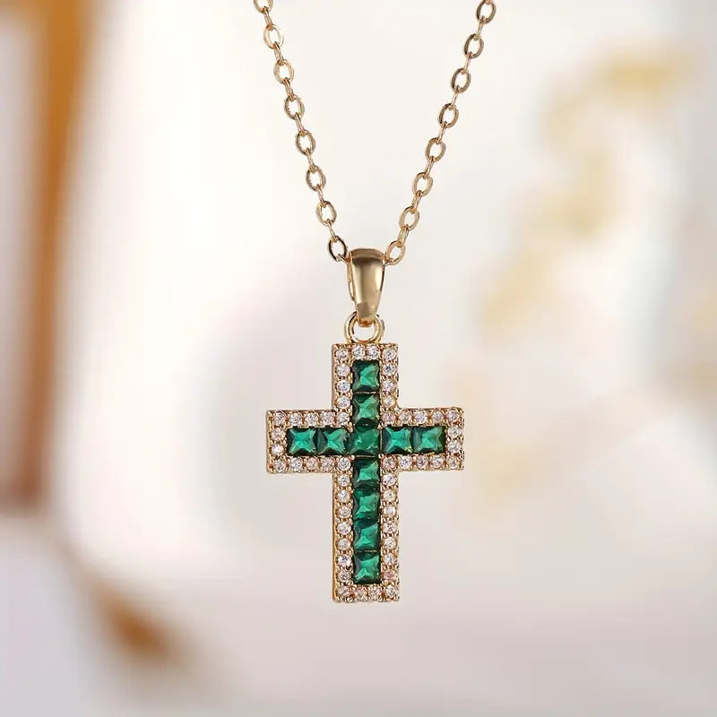 Solene Emerald Cross Pendant Necklace | Gold 1