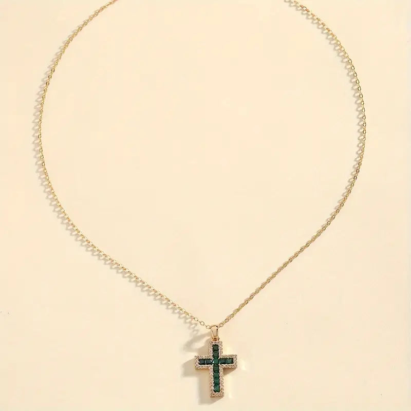 Solene Emerald Cross Pendant Necklace | Gold 2